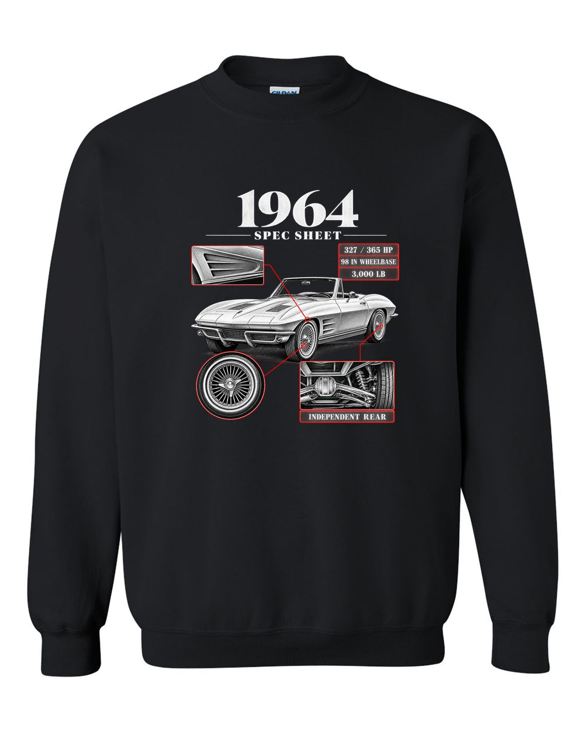Chevrolet Corvette C2 Sting Ray 1964 convertible spec sheet print black crewneck front view with the design