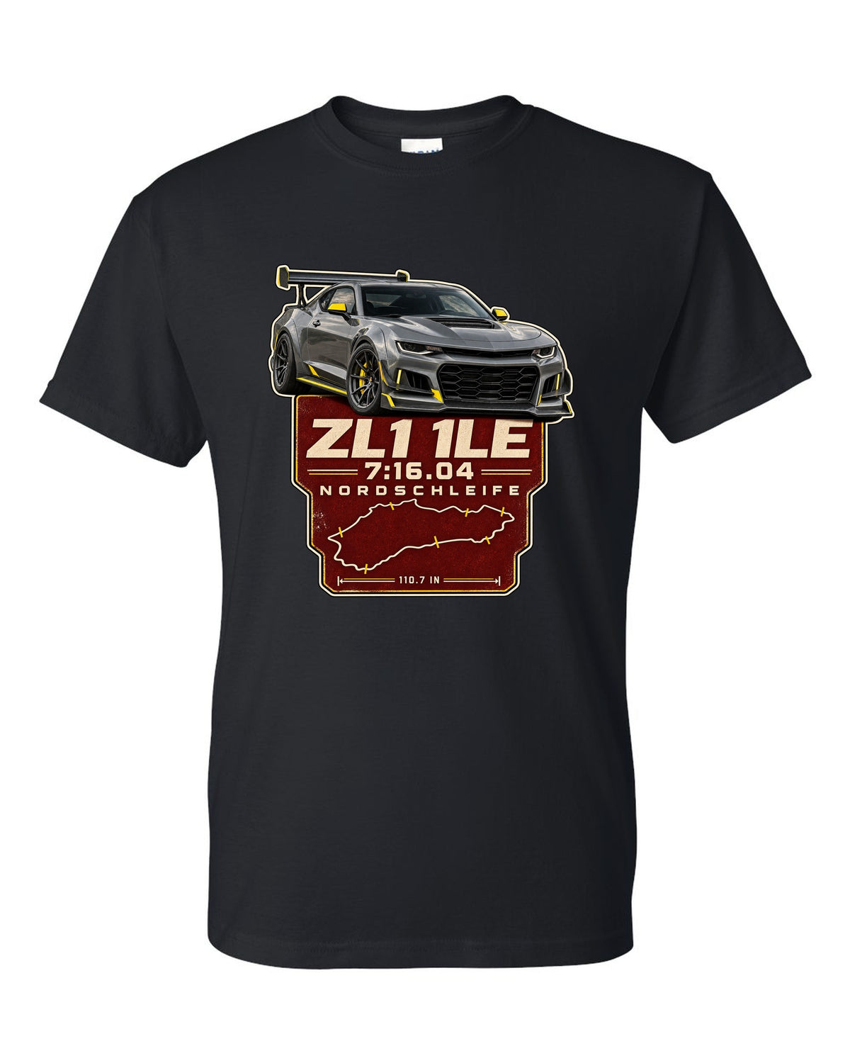 Lap time poster print of a Chevrolet Camaro ZL1 1LE black t-shirt front view with the design