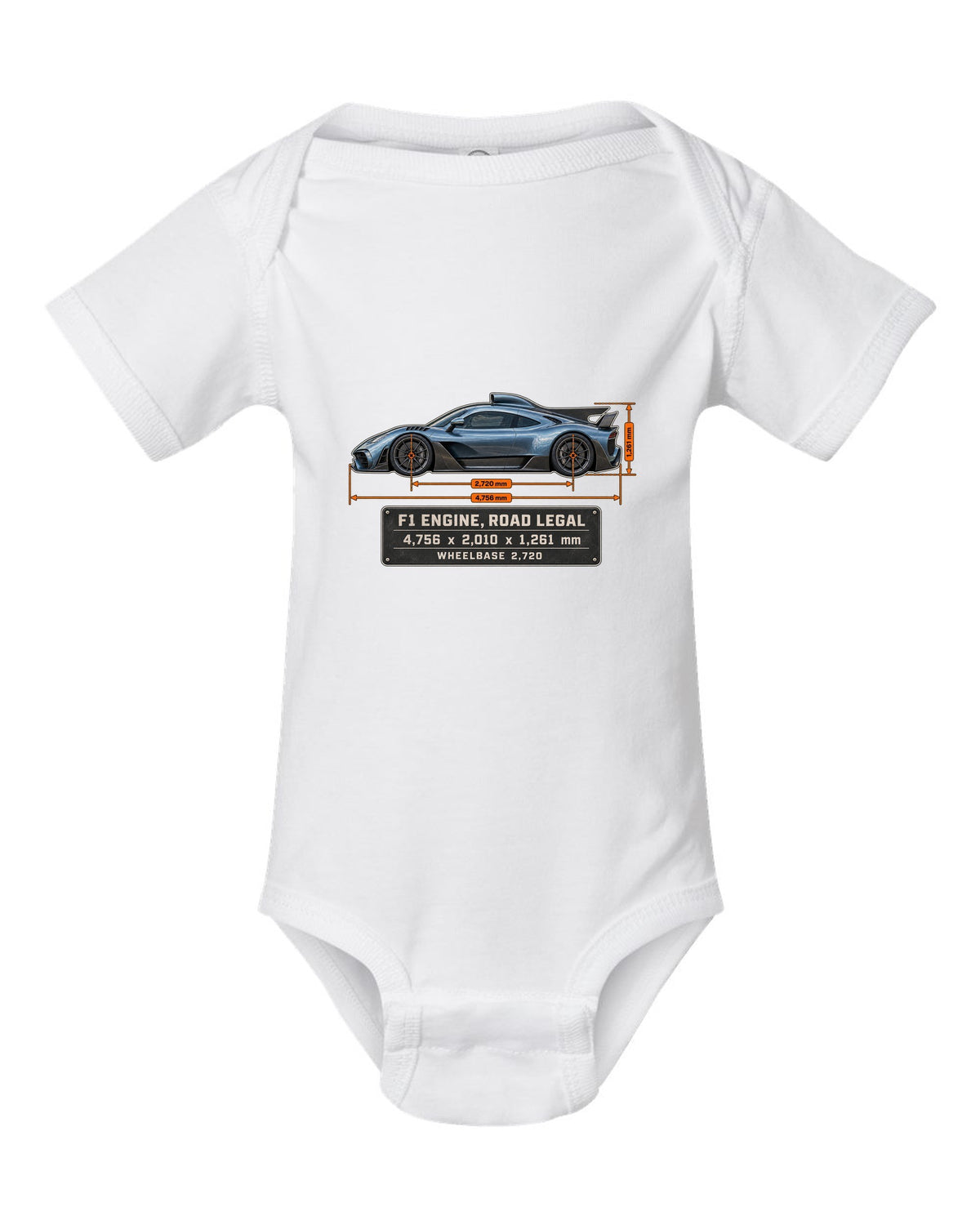 Mercedes-AMG One Dimension Blueprint white baby onesie front view with the design