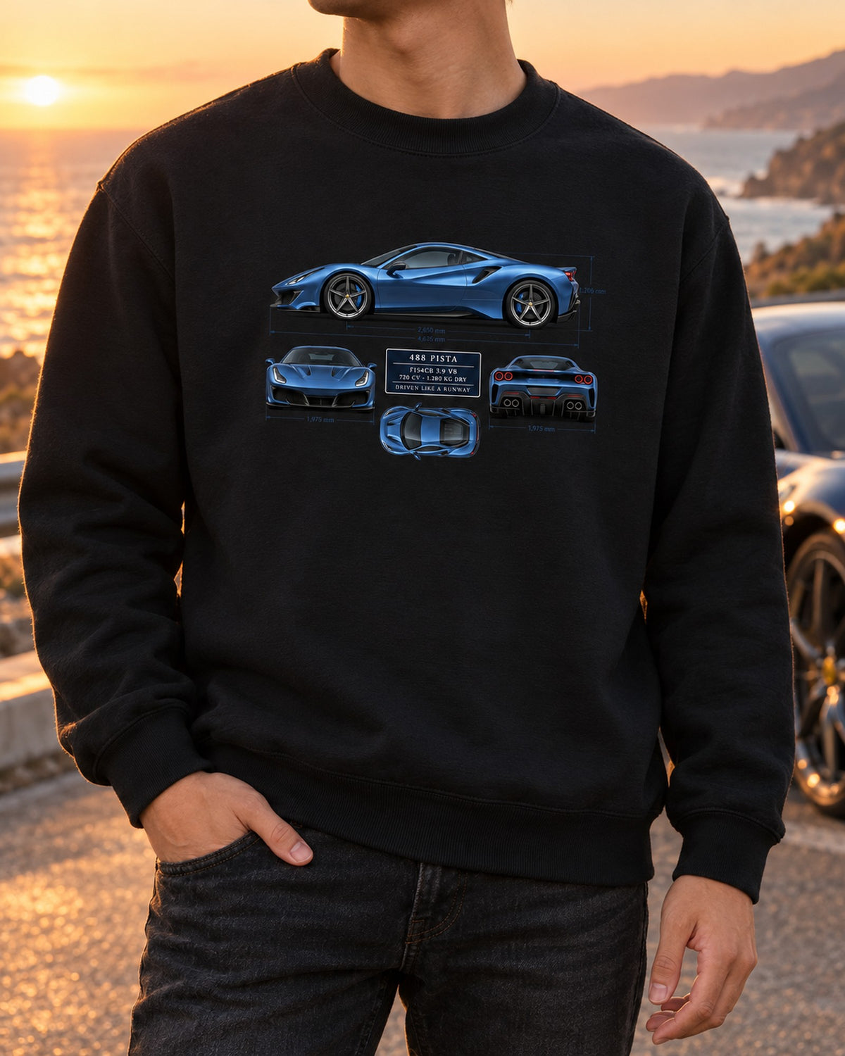 Ferrari 488 Pista Blueprint Shirt, F154CD V8 print Crewneck Black worn hero