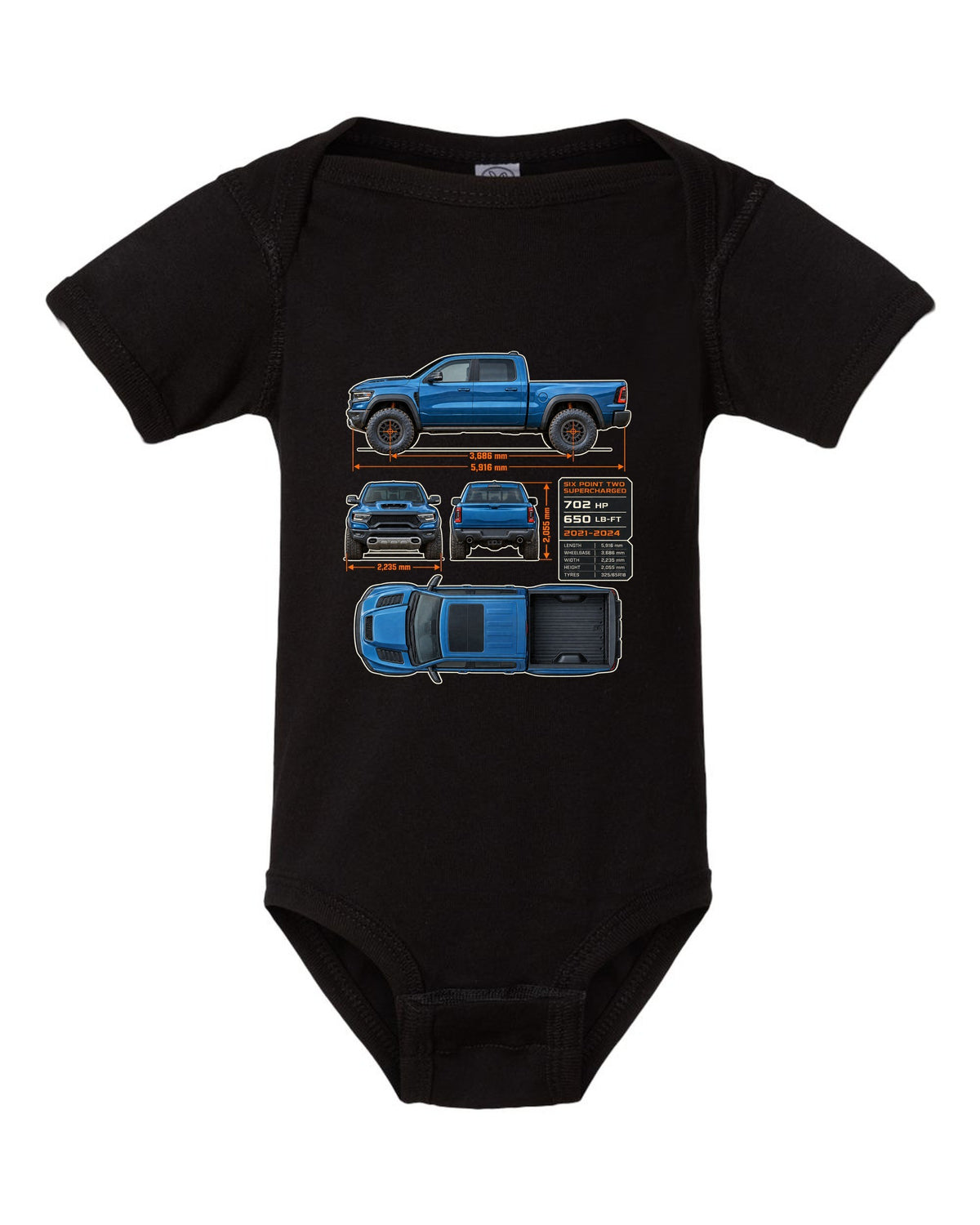 Ram 1500 TRX 2021-2024 dimension blueprint plate print black baby onesie front view with the design