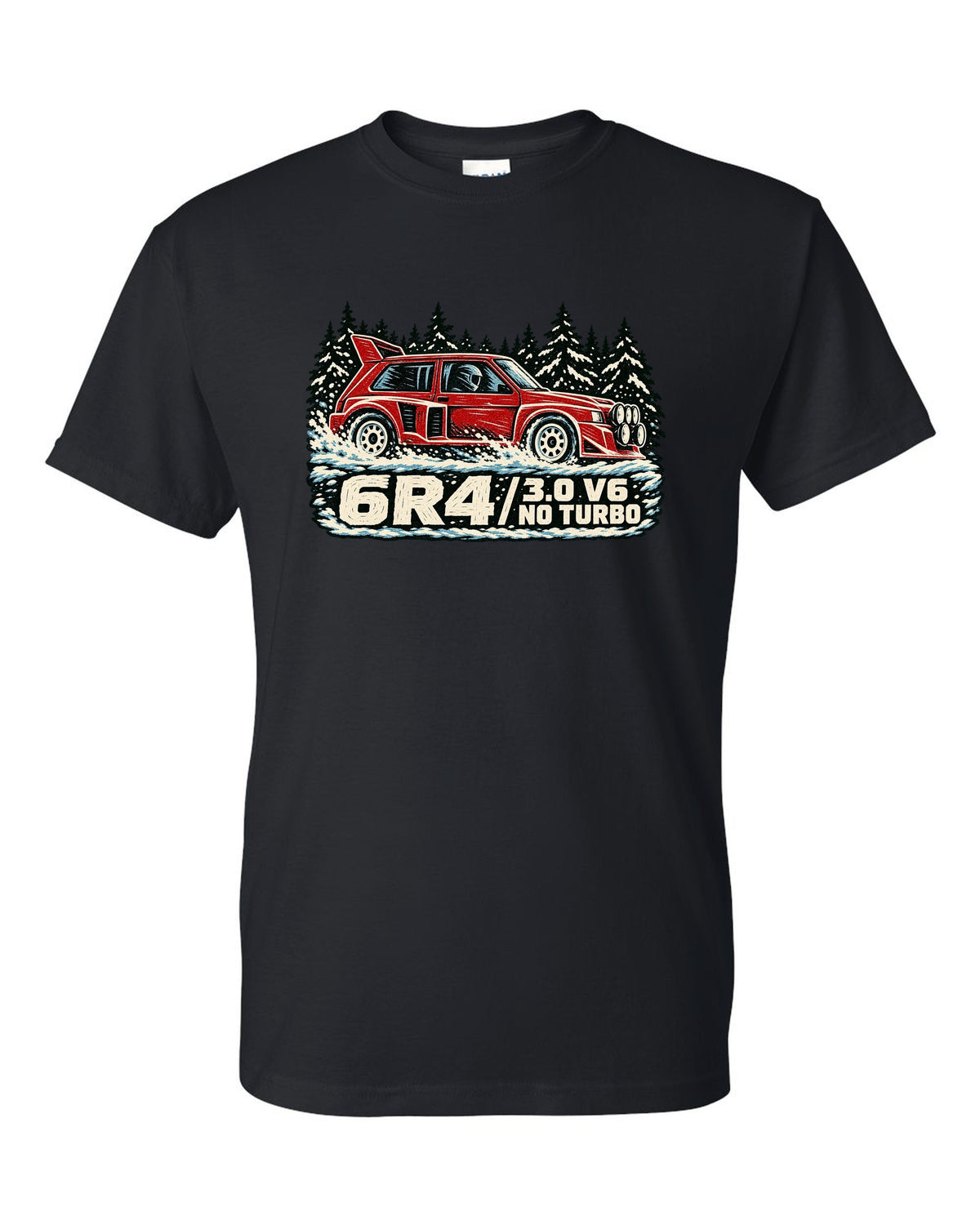 Linocut style print of an MG Metro 6R4 with 3.0 V6 and no turbo lettering black t-shirt front view with the design