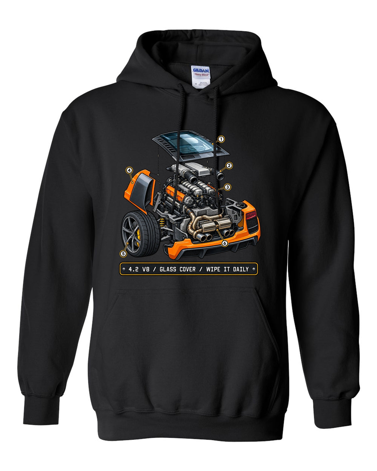 Isometric exploded view print of the Audi R8 Type 42 4.2 V8 with glass cover black pull over hoodie front view with the design