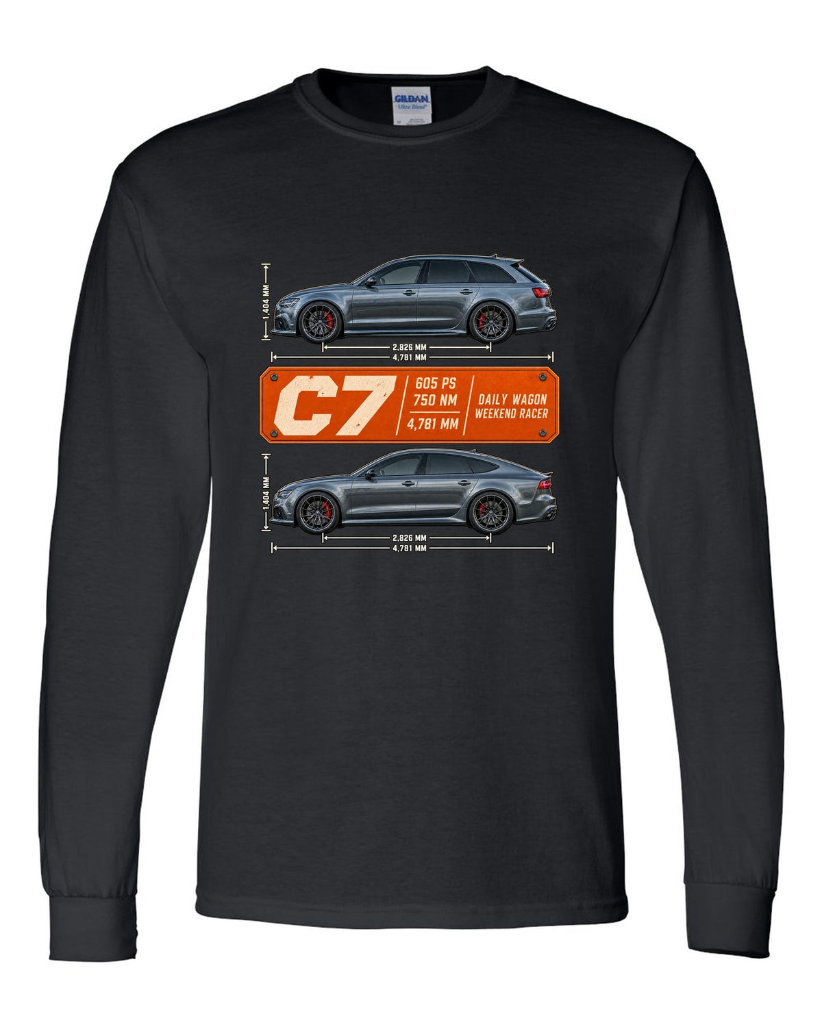 Audi RS4 Avant B9 spec poster print with 450 PS and 600 Nm black long sleeve front view with the design