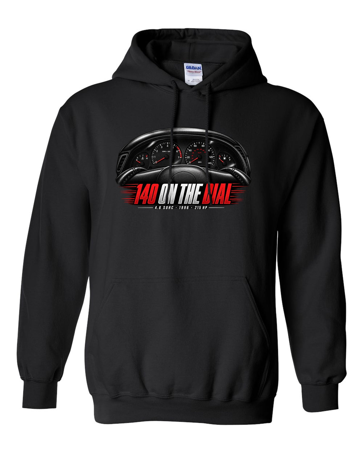 print of an SN95 Ford Mustang GT gauge cluster with 140 on the dial black pull over hoodie front view with the design