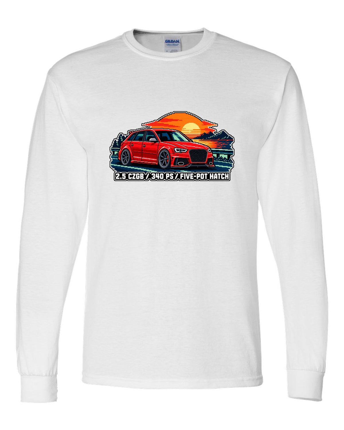 16-bit pixel art print of an Audi RS3 Sportback 8P with 2.5 CZGB text white long sleeve front view with the design
