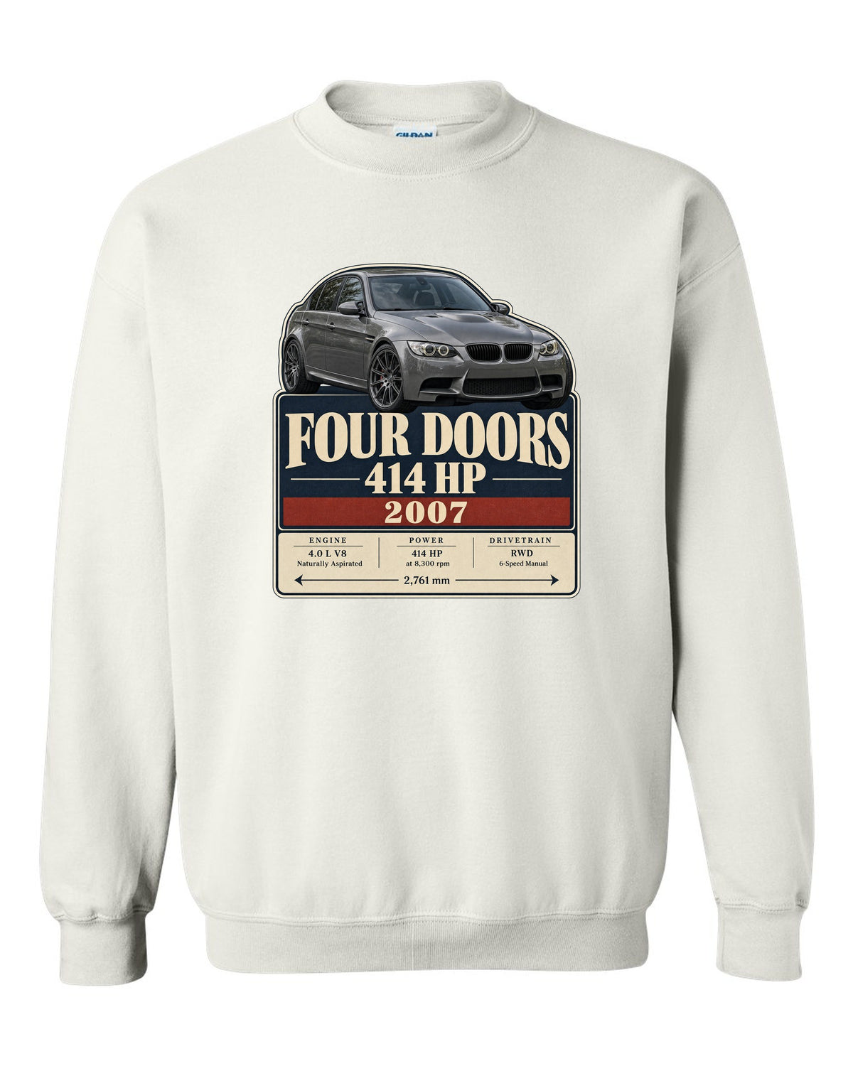 BMW M3 E90 saloon archive panel print white crewneck front view with the design