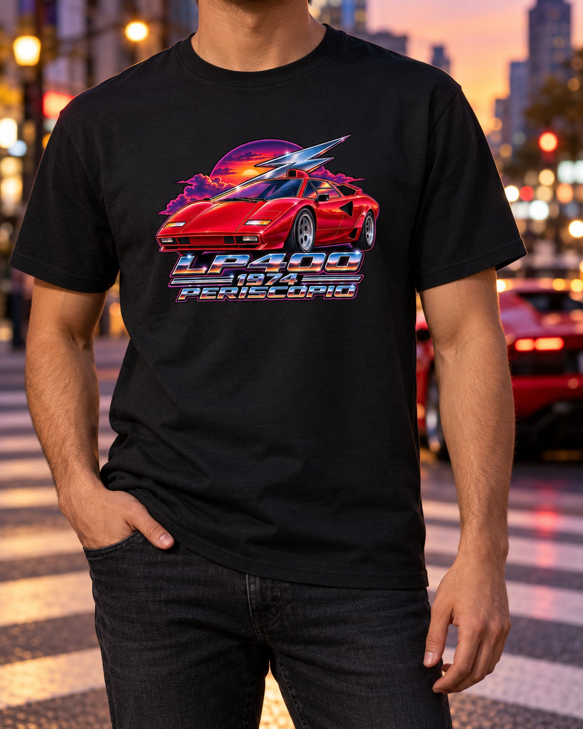 Lamborghini Countach LP400 Periscopio 80s Airbrush Tee, 1974 T-Shirt Black worn hero