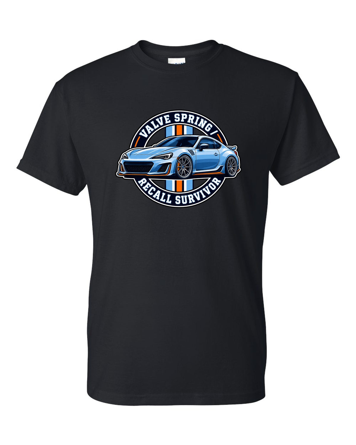 Round varsity crest design for a Subaru BRZ ZC6 reading valve spring recall survivor black t-shirt front view with the design