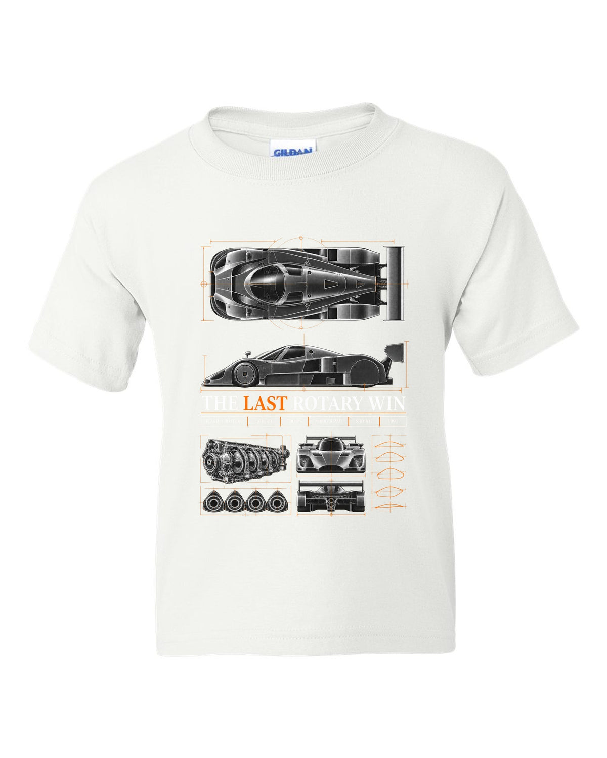 Spec poster print for the 1991 Mazda 787B with R26B four-rotor, 700 PS and 830 kg figures white kids tee front view with the design