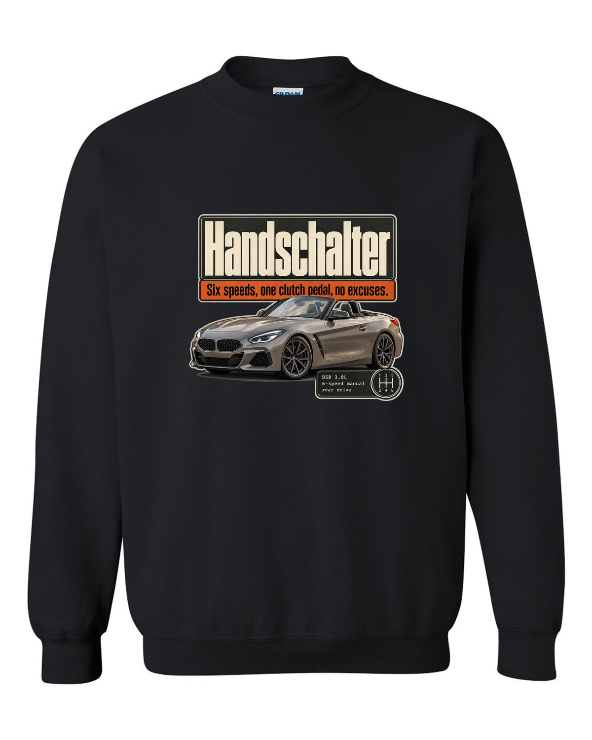 Editorial print for the BMW Z4 M40i six-speed manual labelled Handschalter black crewneck front view with the design