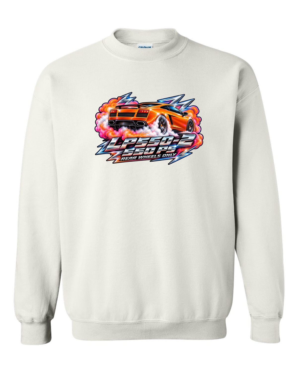 80s airbrush chrome design of a Lamborghini Gallardo LP550-2 with rear wheels only text white crewneck front view with the design