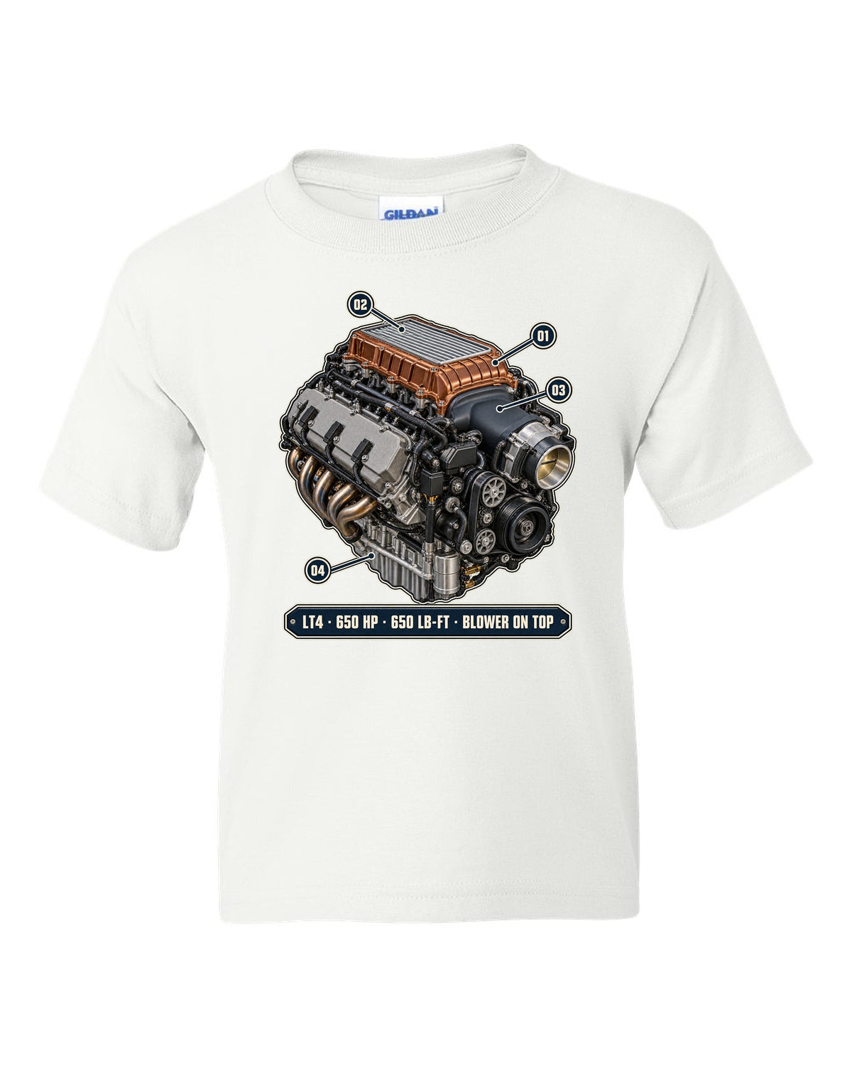 Camaro ZL1 LT4 supercharged engine bay poster print white kids tee front view with the design