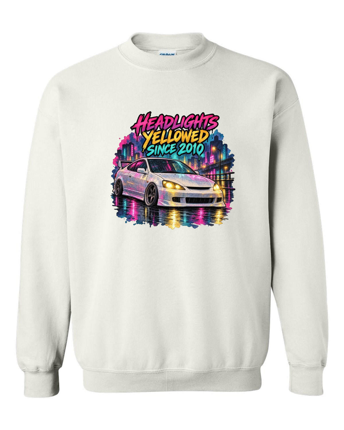Sticker bomb collage print of a 1995 Honda Integra DC2 coupe with Teg is not an ITR text white crewneck front view with the design