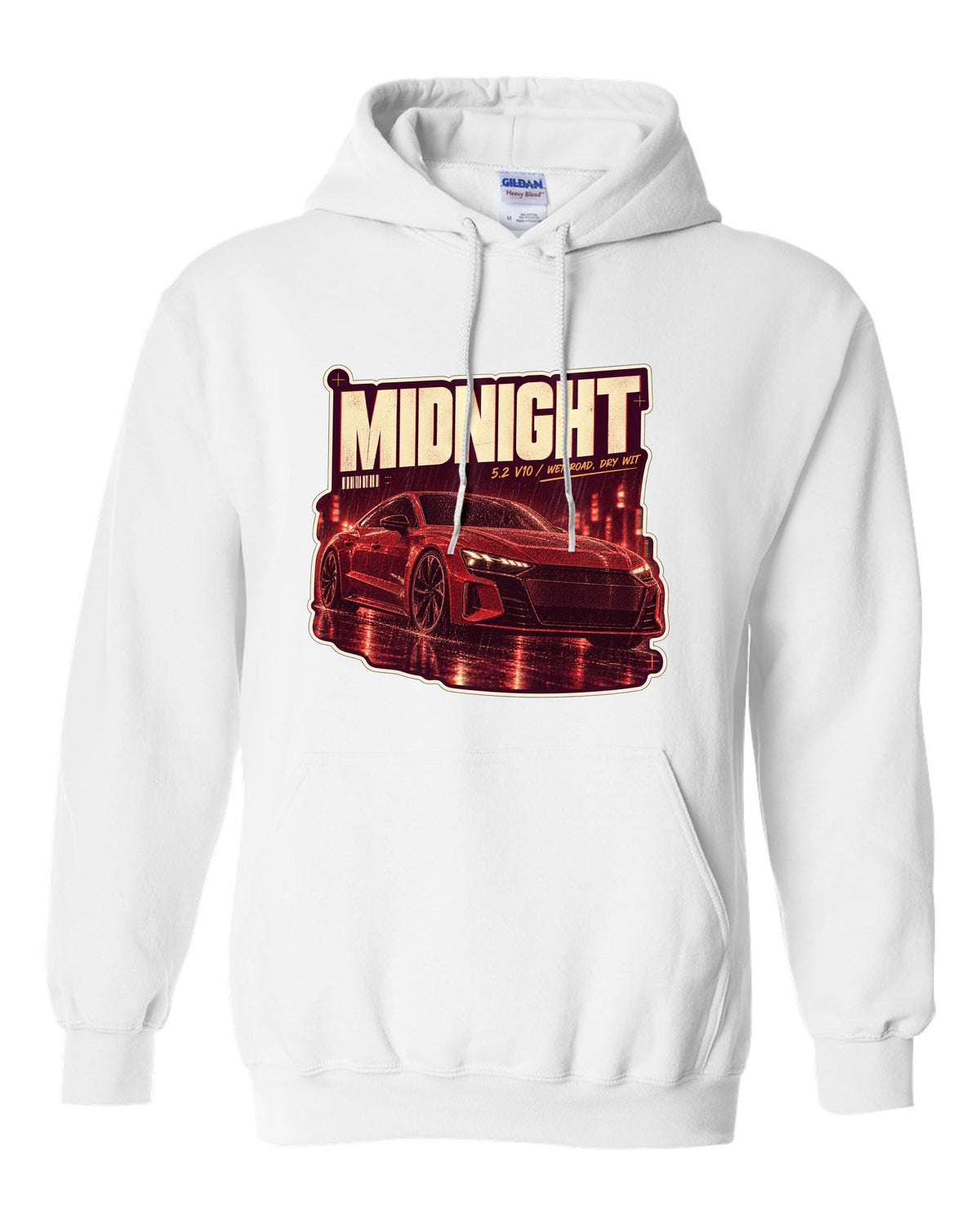 Audi R8 V10 performance on a wet night street print design white pull over hoodie front view with the design