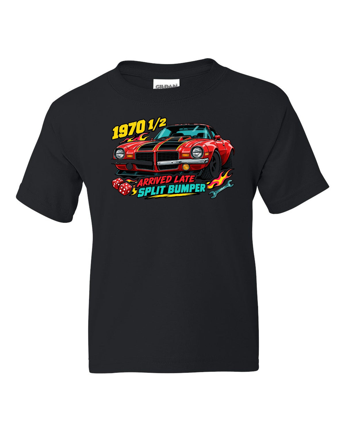 1970 Chevrolet Camaro Z28 split bumper sticker-bomb collage print reading 1970 1/2 Arrived Late black kids tee front view with the design