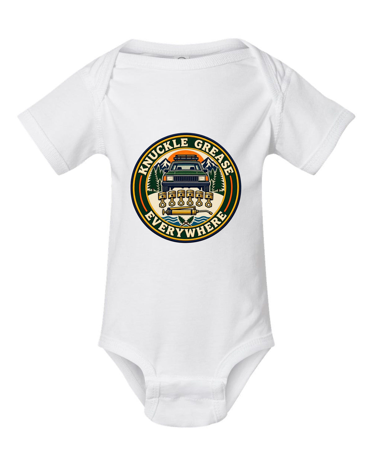 Badge crest of a Toyota Land Cruiser FZJ80 inline-six with Knuckle Grease Everywhere lettering white baby onesie front view with the design