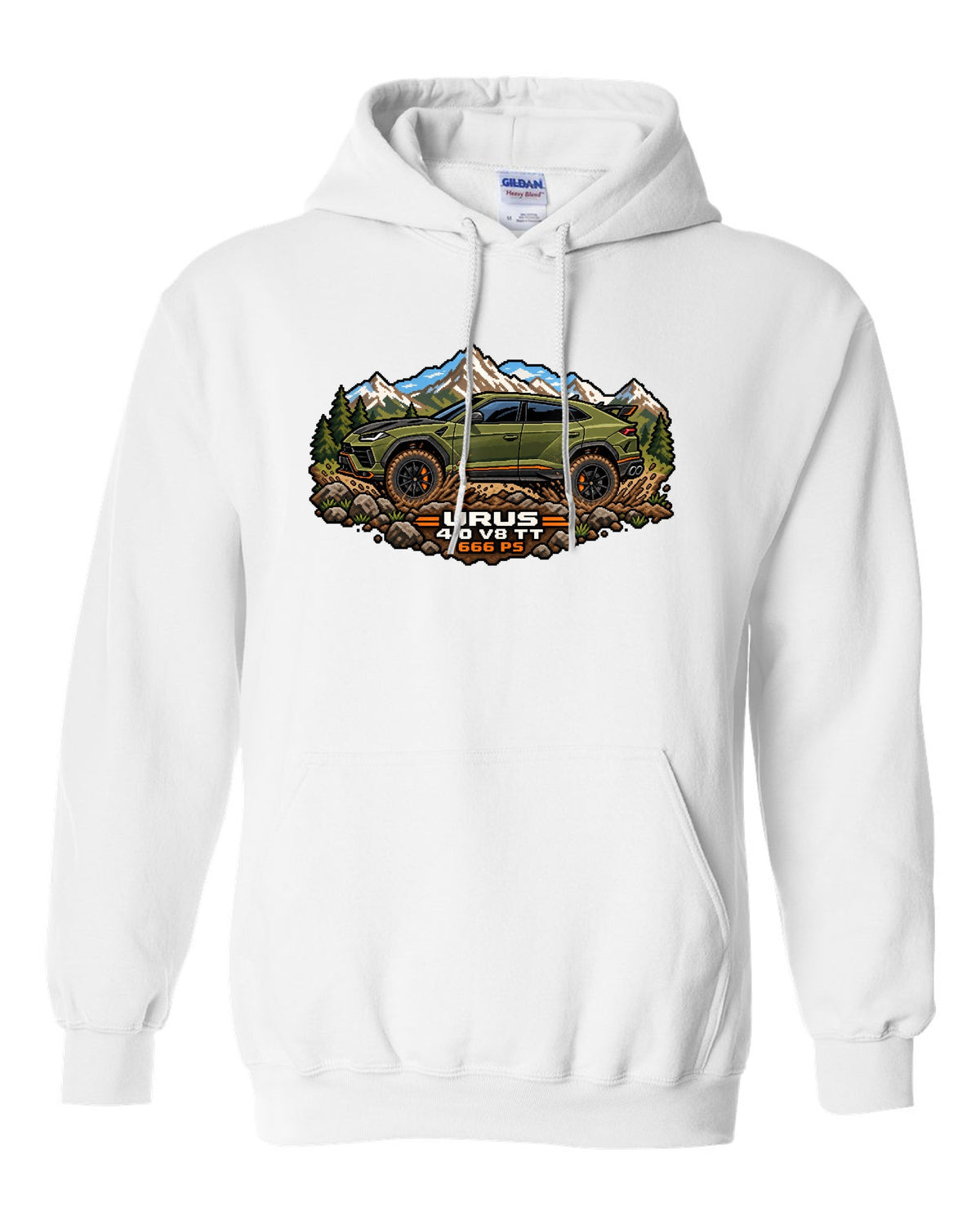 16-bit pixel art Lamborghini Urus Performante climbing a muddy hill with text URUS / 4.0 V8 TT / 666 PS white pull over hoodie front view with the design