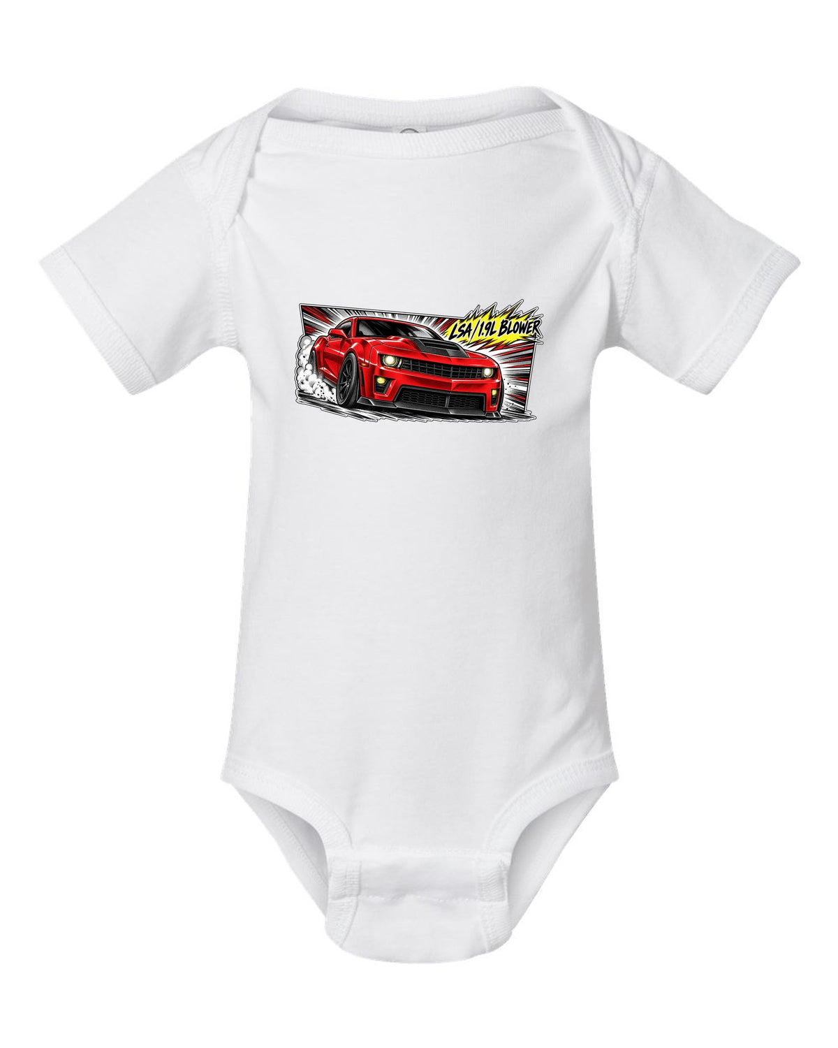 Retro manga panel with speed lines and screentone of a 2012 Chevrolet Camaro ZL1 white baby onesie front view with the design