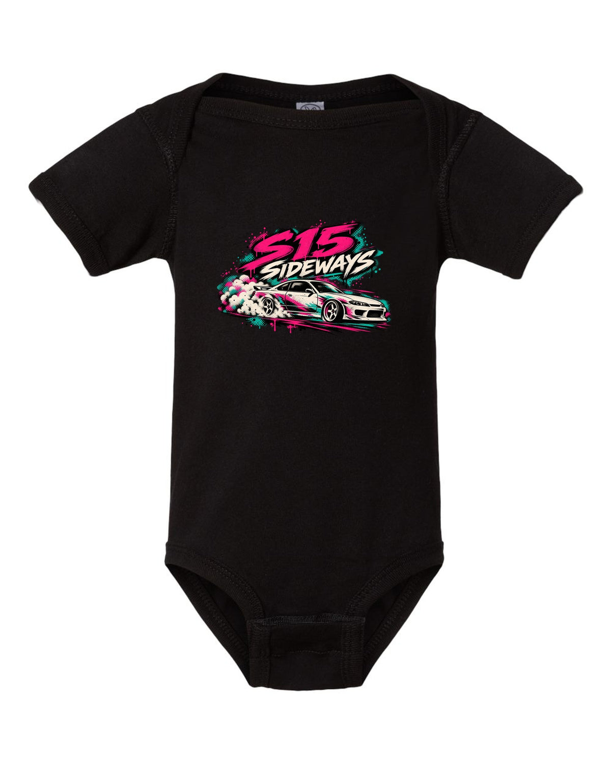 Stencil spray street art print of a Nissan Silvia S15 sliding sideways black baby onesie front view with the design