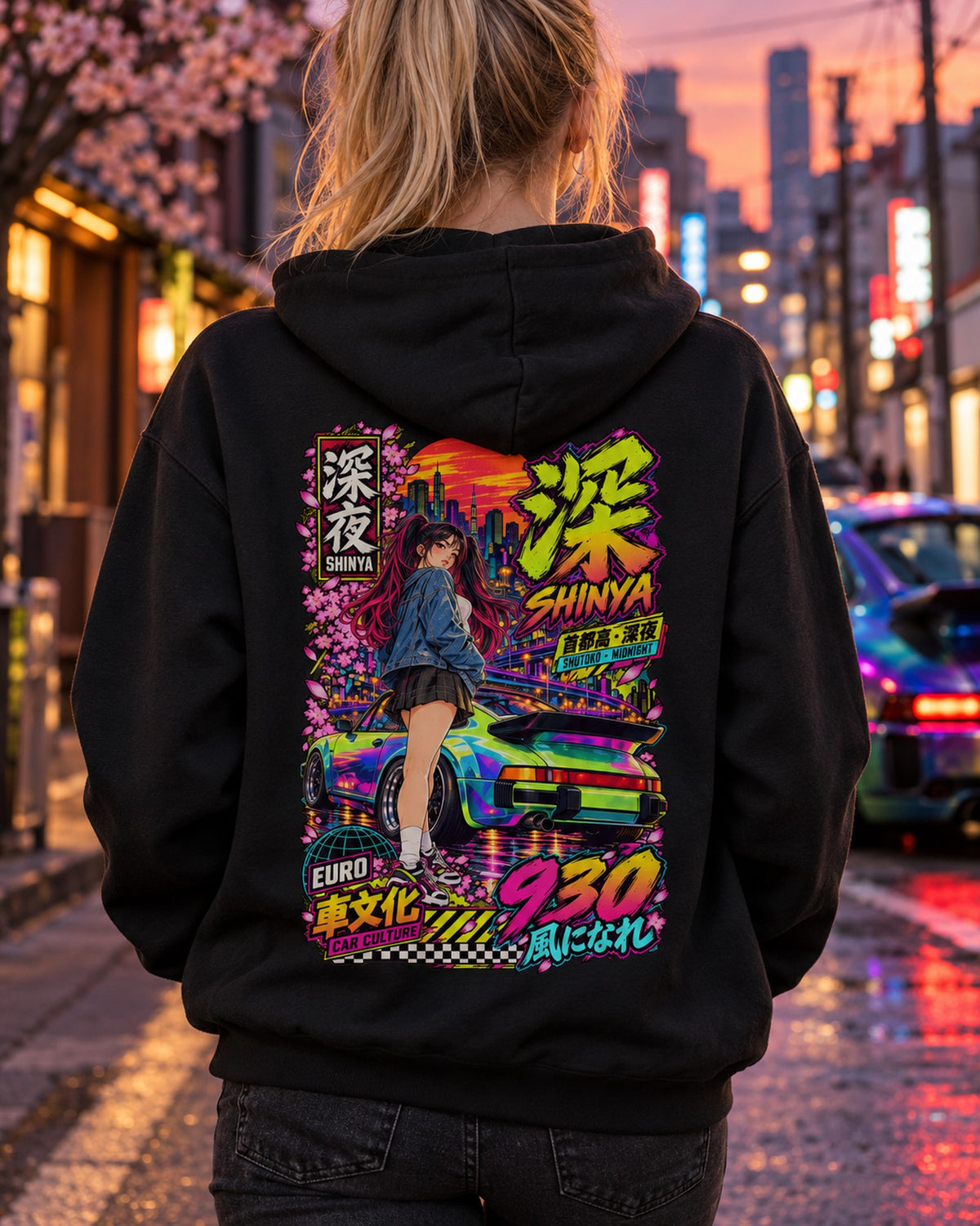 SHINYA 930 Anime Girl Full-Back Graphic Tee Pull Over Hoodie Black worn hero