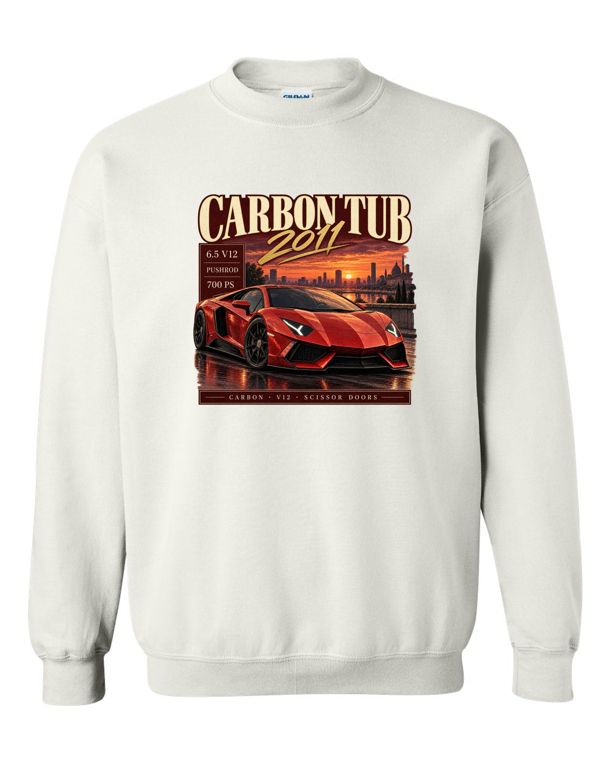 Archive panel print of a Lamborghini Aventador LP700-4 with Carbon Tub and 6.5 V12 text white crewneck front view with the design