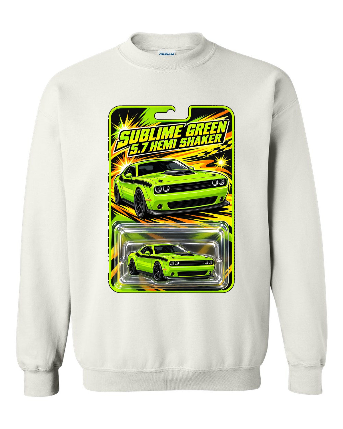 Blister toy card print of a 2015 Dodge Challenger R/T Shaker in Sublime Green white crewneck front view with the design