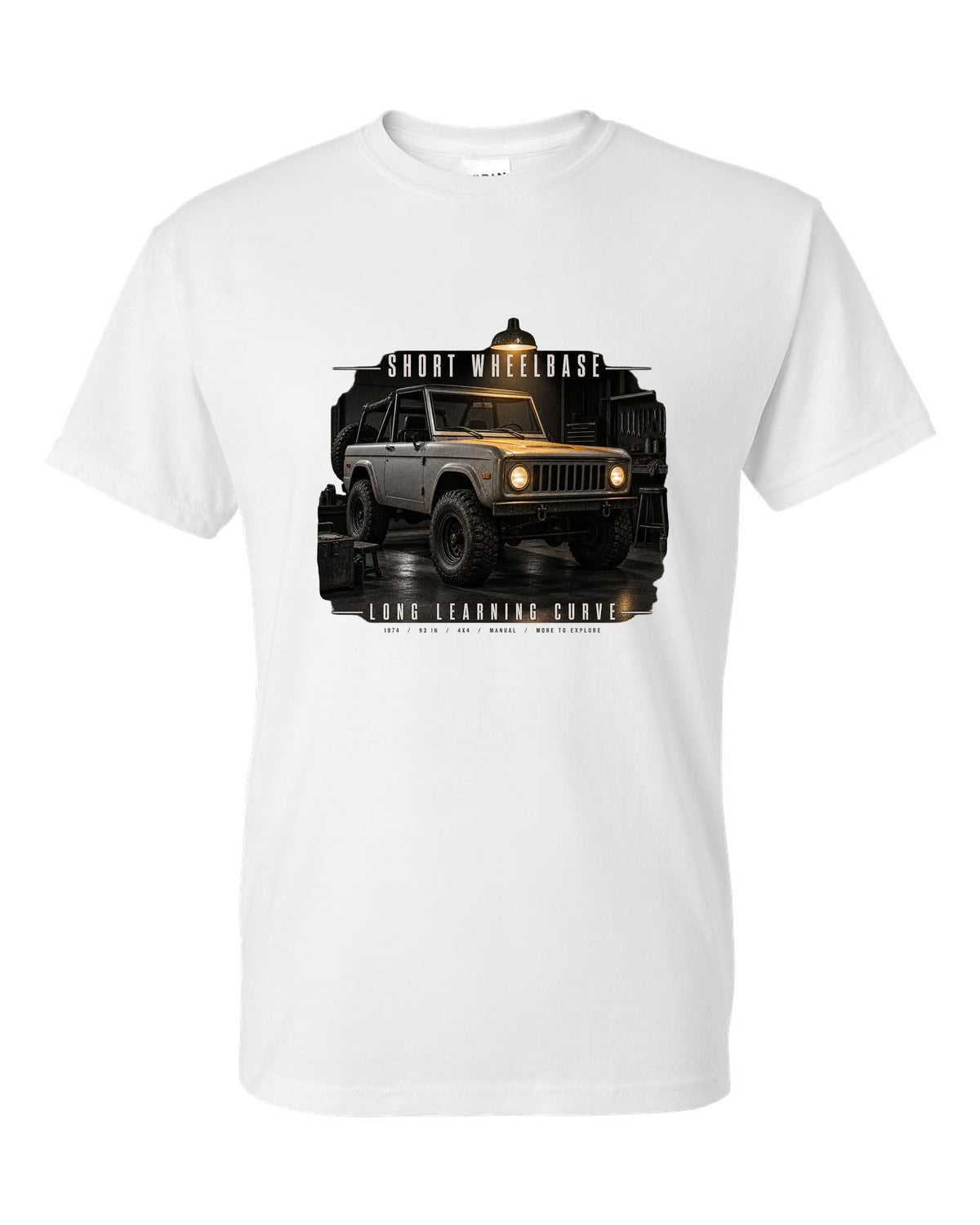 Garage night print for the Jeep CJ-5, Short Wheelbase Long Learning Curve white t-shirt front view with the design
