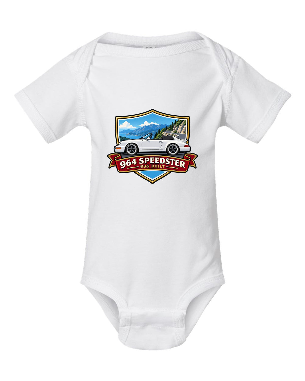 Shield crest design for the Porsche 964 Speedster with 936 built lettering white baby onesie front view with the design