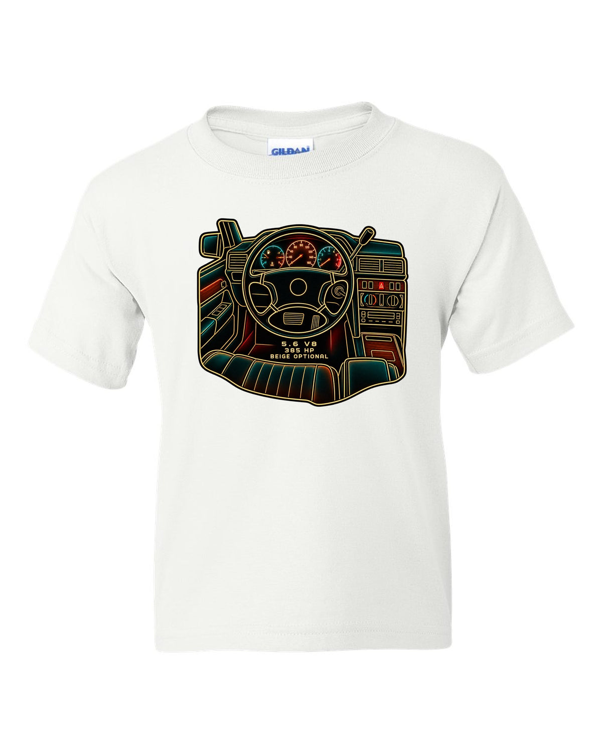 Minimal single-line drawing of a Mercedes 300E Hammer W124 with 5.6 V8 and 385 HP text white kids tee front view with the design
