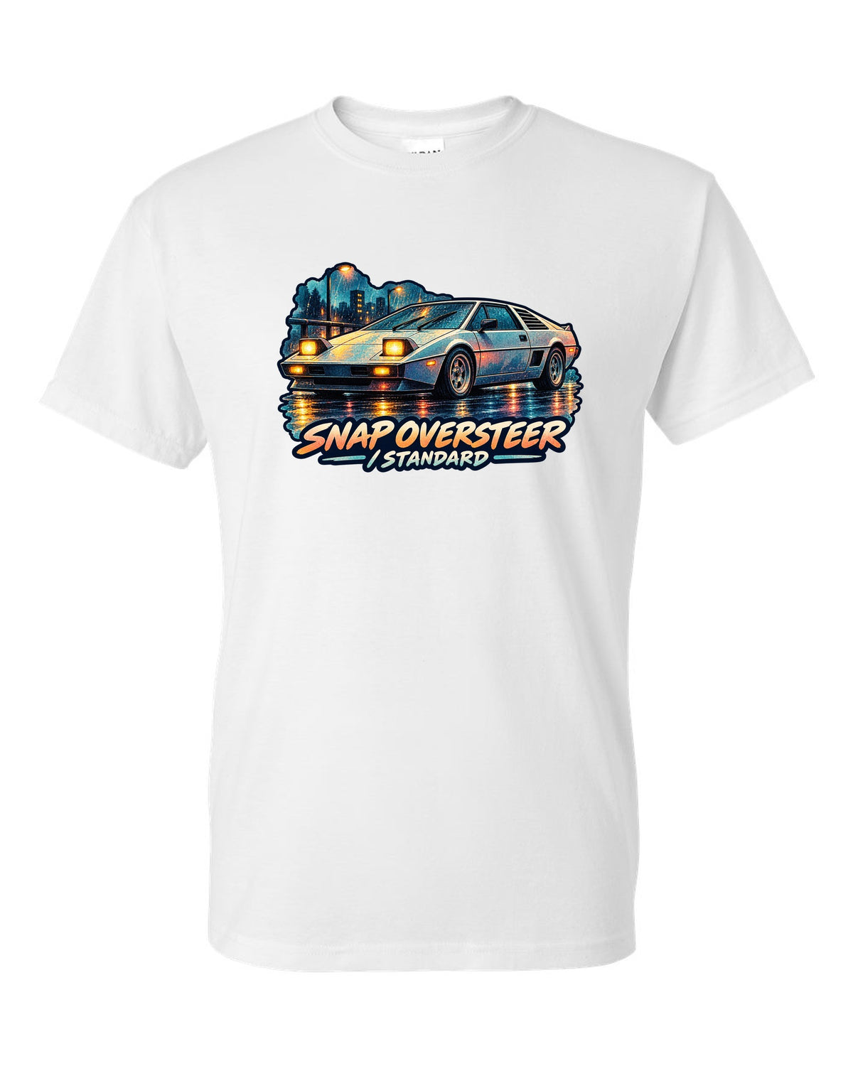 Watercolour wash of a Toyota MR2 AW11 driving in rain with oversteer slogan white t-shirt front view with the design