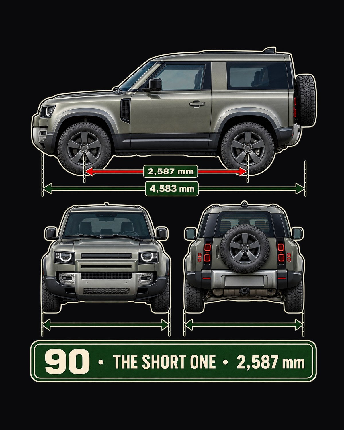 Land Rover Defender 90 L663 Three-View Shirt, The Short One Tee design only