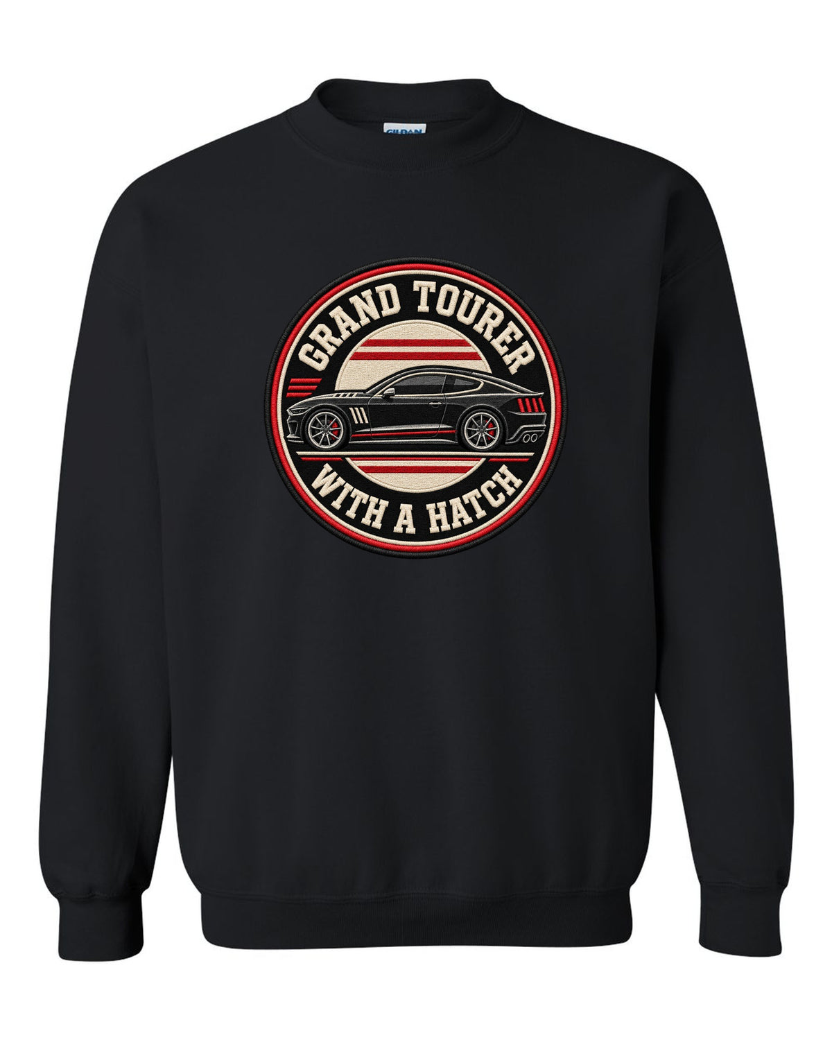Embroidery varsity crest print for a Kia Stinger GT CK with grand tourer with a ch text black crewneck front view with the design