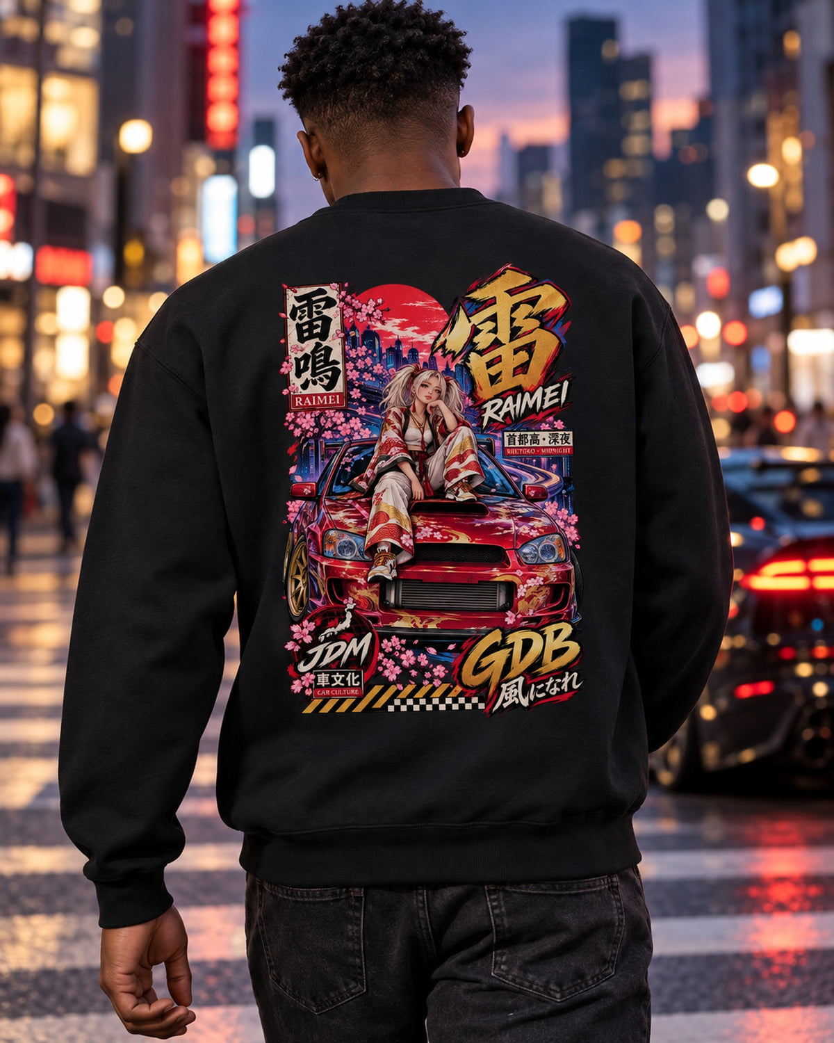 RAIMEI GDB Anime Girl Full-Back Graphic Tee Crewneck Black worn hero
