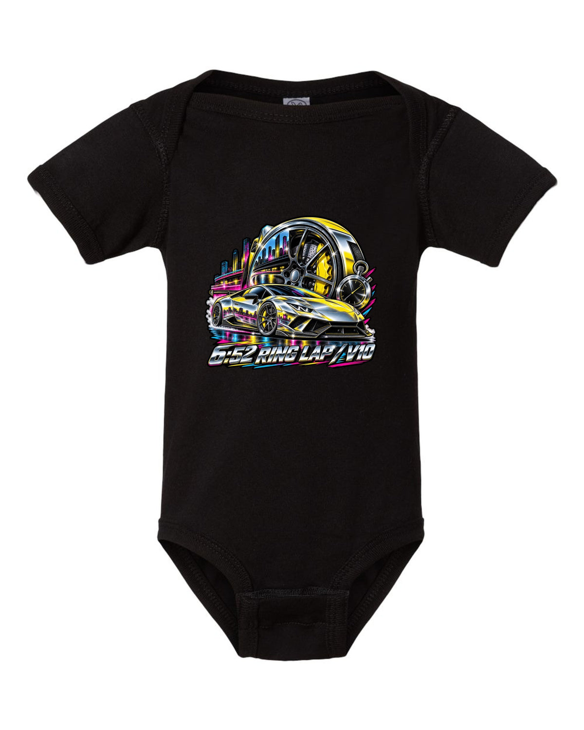 80s airbrush chrome Lamborghini Huracan Performante LP640-4 wheel and caliper with text 6:52 RING LAP / V10 black baby onesie front view with the design