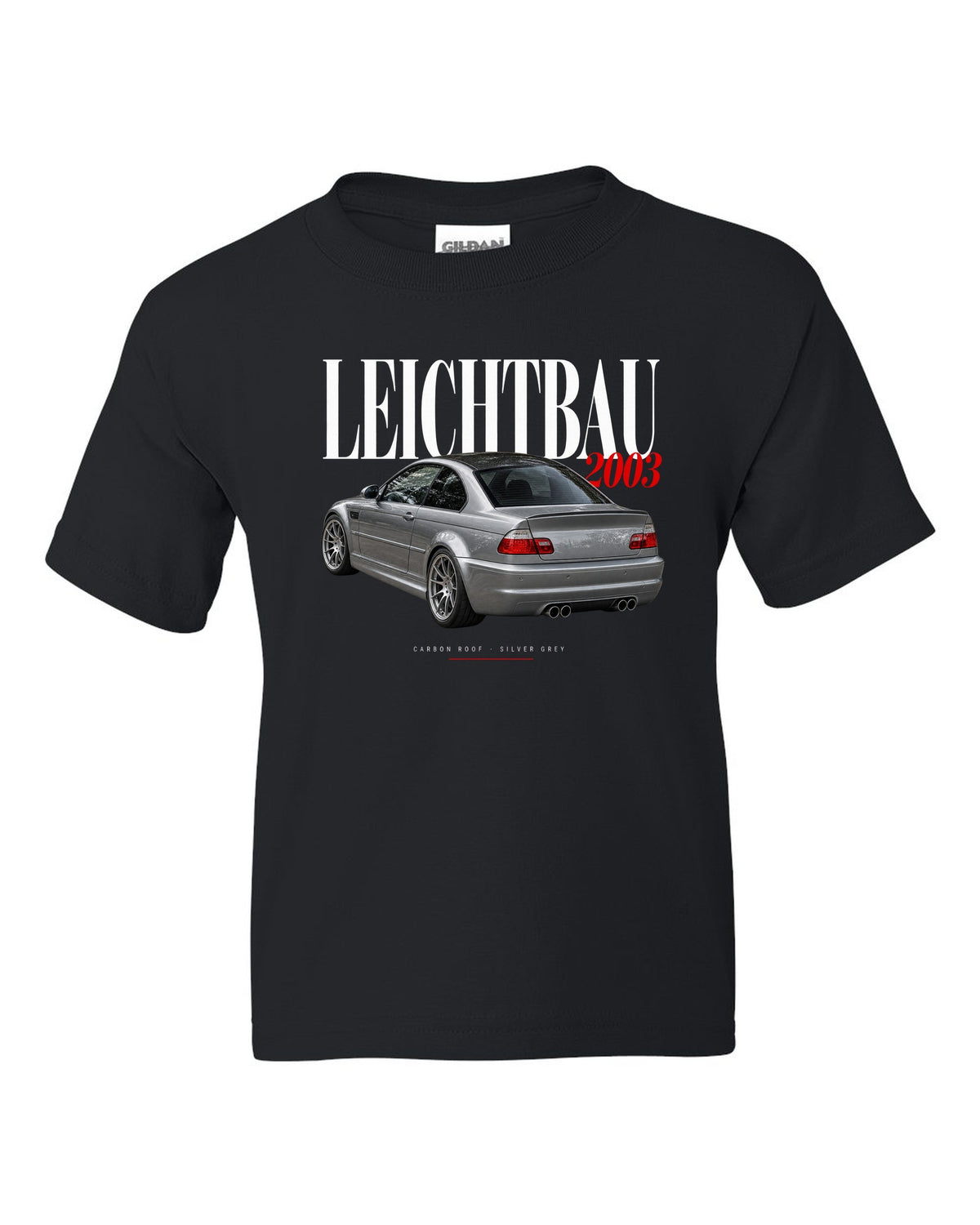 BMW E46 M3 CSL 2003 editorial headline print with Leichtbau carbon roof Silver Grey text black kids tee front view with the design