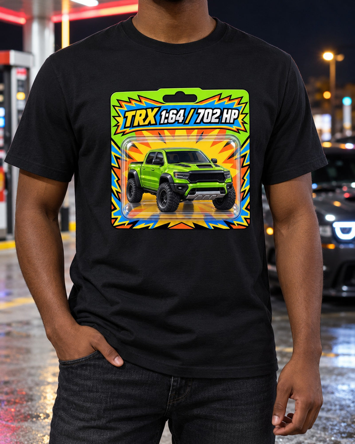 TRX 1:64 Blister Card Tee, Ram 1500 TRX Toy Car Graphic T-Shirt Black worn hero