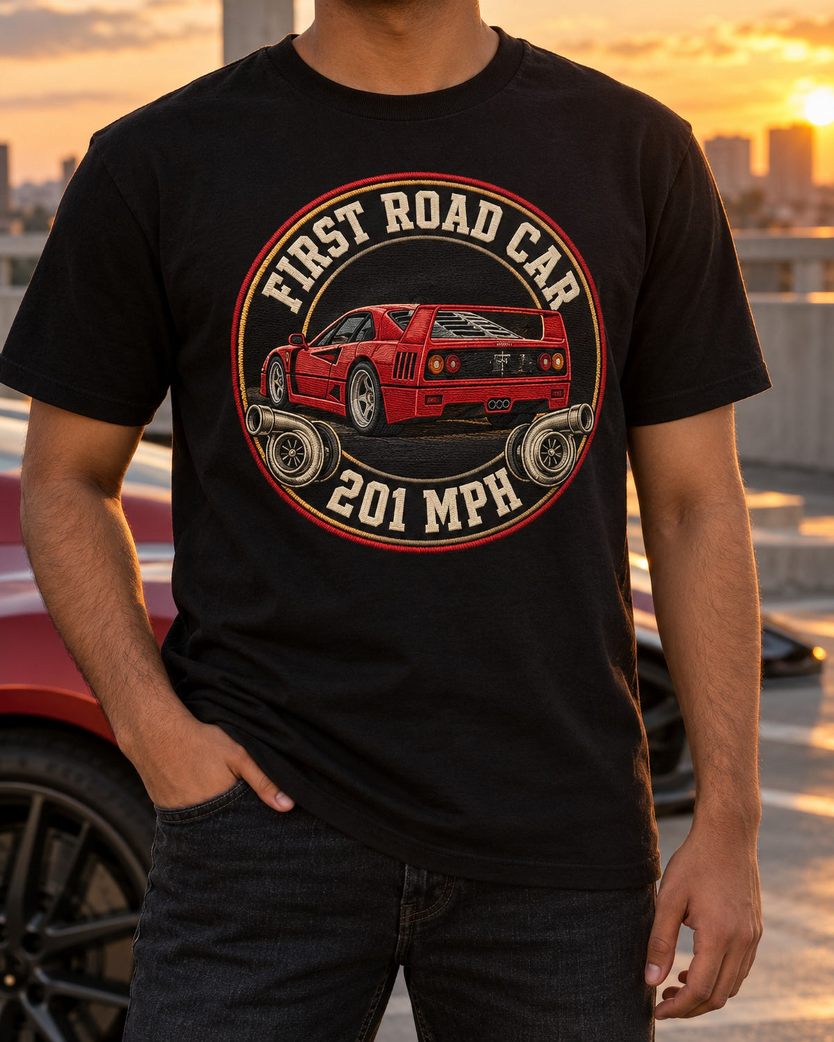 Ferrari F40 First Road Car 201 MPH Varsity Crest Shirt, F120 T-Shirt Black worn hero