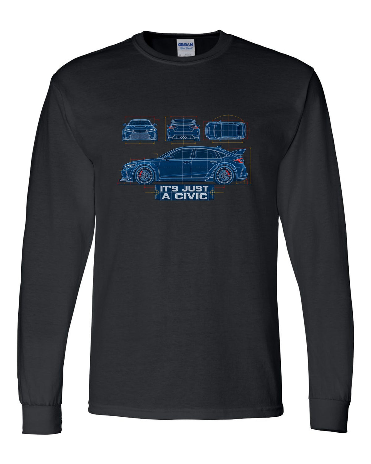 Cyanotype blueprint print of a 2023 Honda Civic FL5 ch with it's just a Civic text black long sleeve front view with the design
