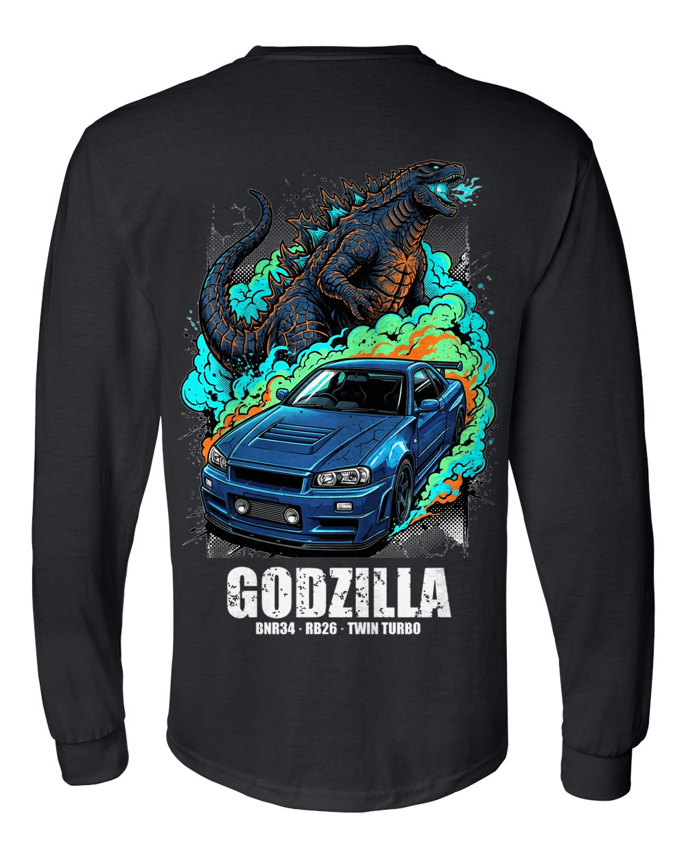 Nissan GT-R R34 Godzilla Long Sleeve T-Shirt — Black back