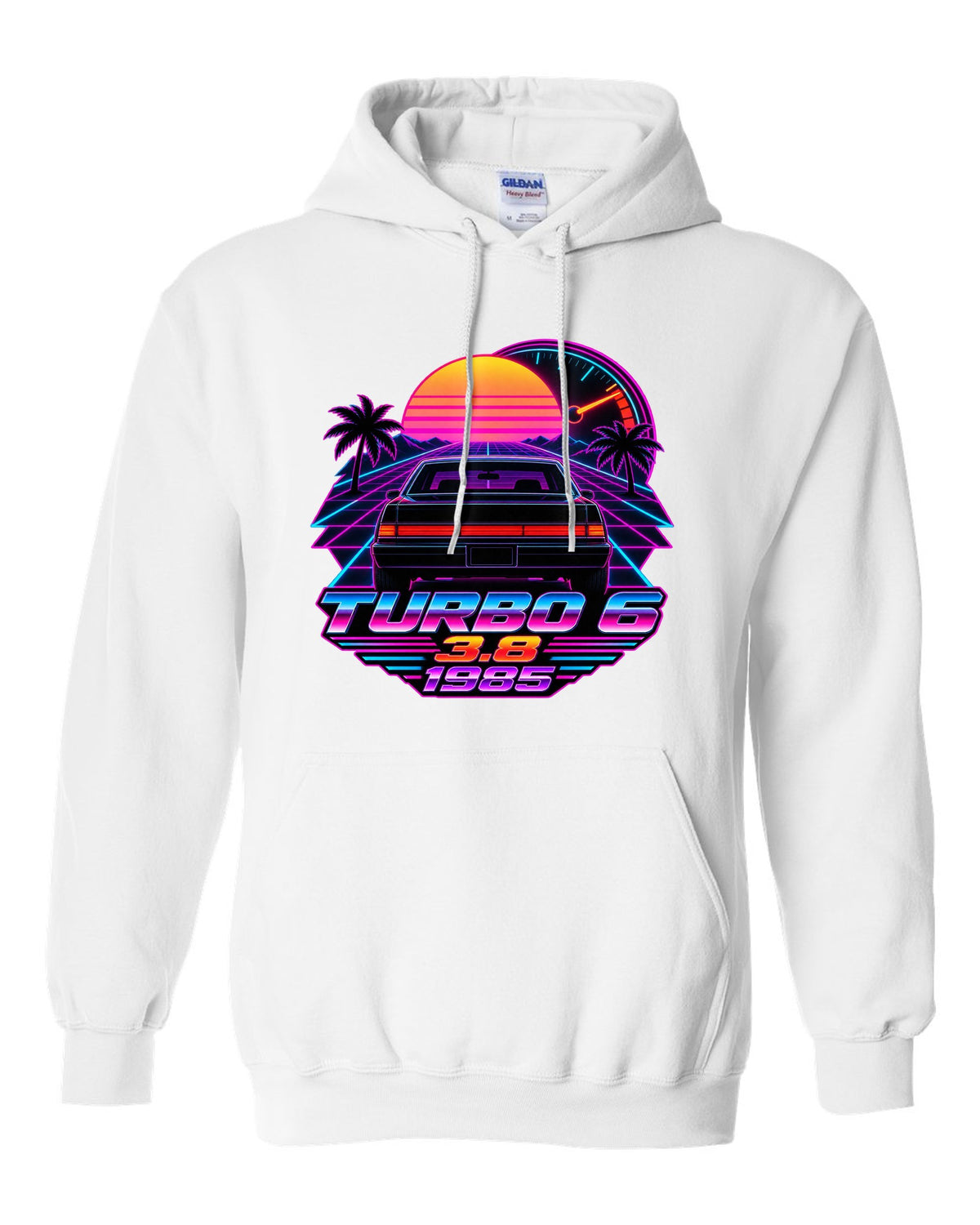 1985 Buick Regal T-Type rear taillights in a synthwave outrun sunset white pull over hoodie front view with the design