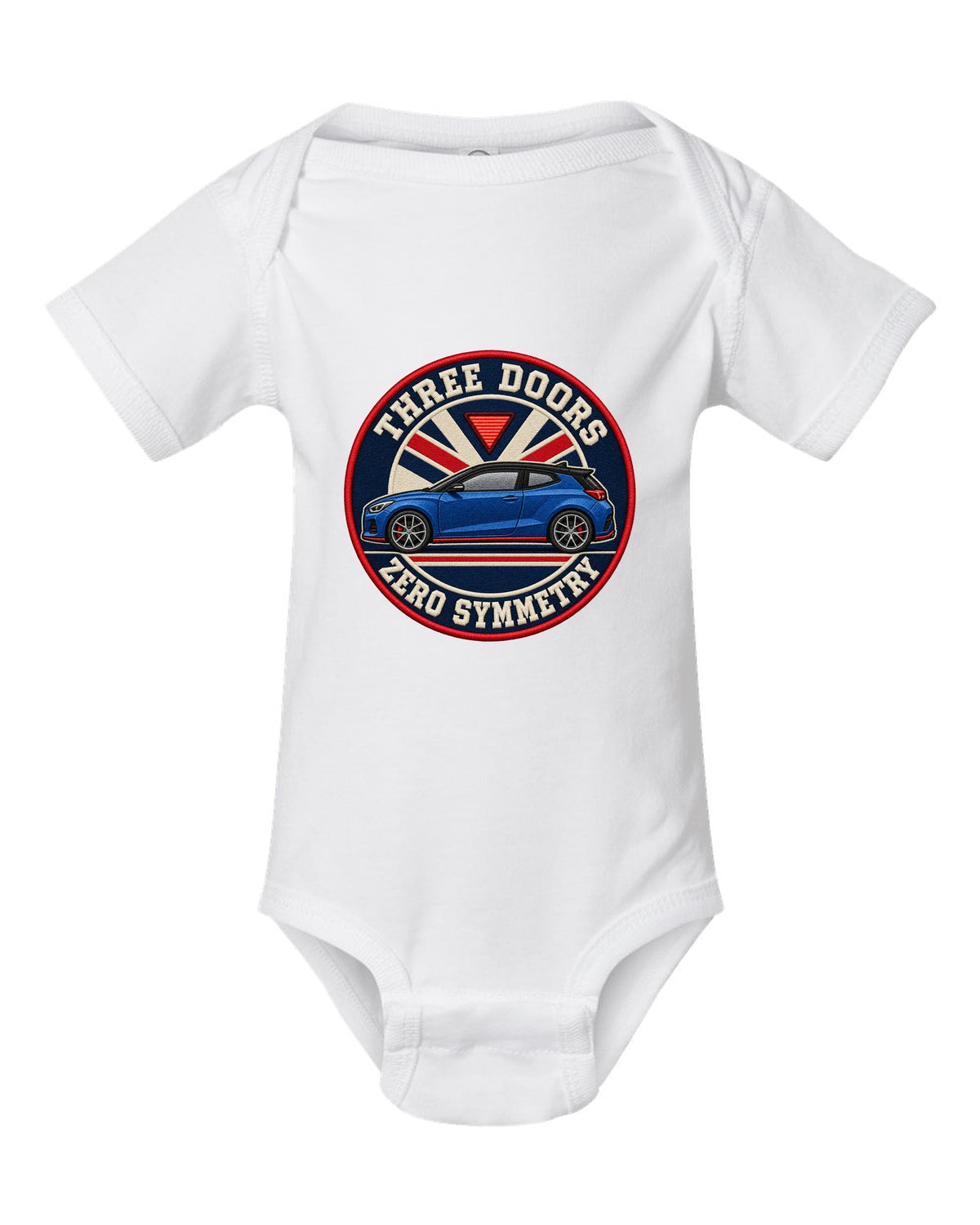 Embroidery varsity crest print for a Hyundai Veloster N JS with three doors zero symmetry text white baby onesie front view with the design