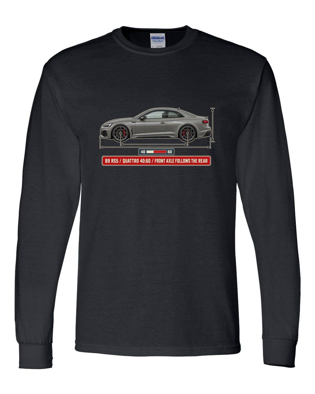 Dimension blueprint of an Audi RS5 Coupe B9 facelift with quattro 40:60 text black long sleeve front view with the design