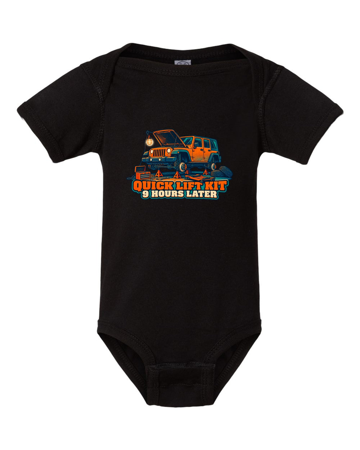 Risograph-style print of a Jeep Wrangler JKU four-door with lift kit joke text black baby onesie front view with the design