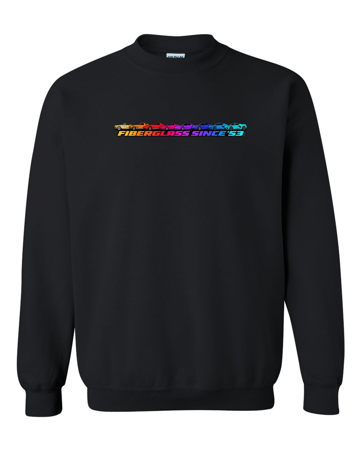 Flat gradient silhouette lineup of eight Chevrolet Corvette generations C1 to C8 with Fiberglass Since '53 text black crewneck front view with the design