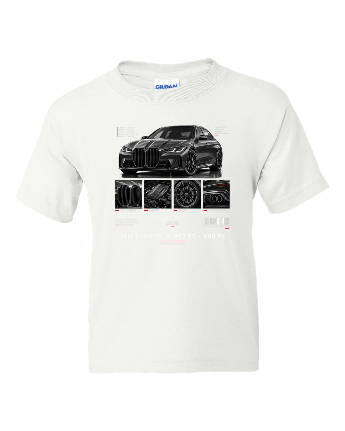 BMW G80 M3 dossier panel print with tall kidneys 2,993 cc and 480 PS white kids tee front view with the design