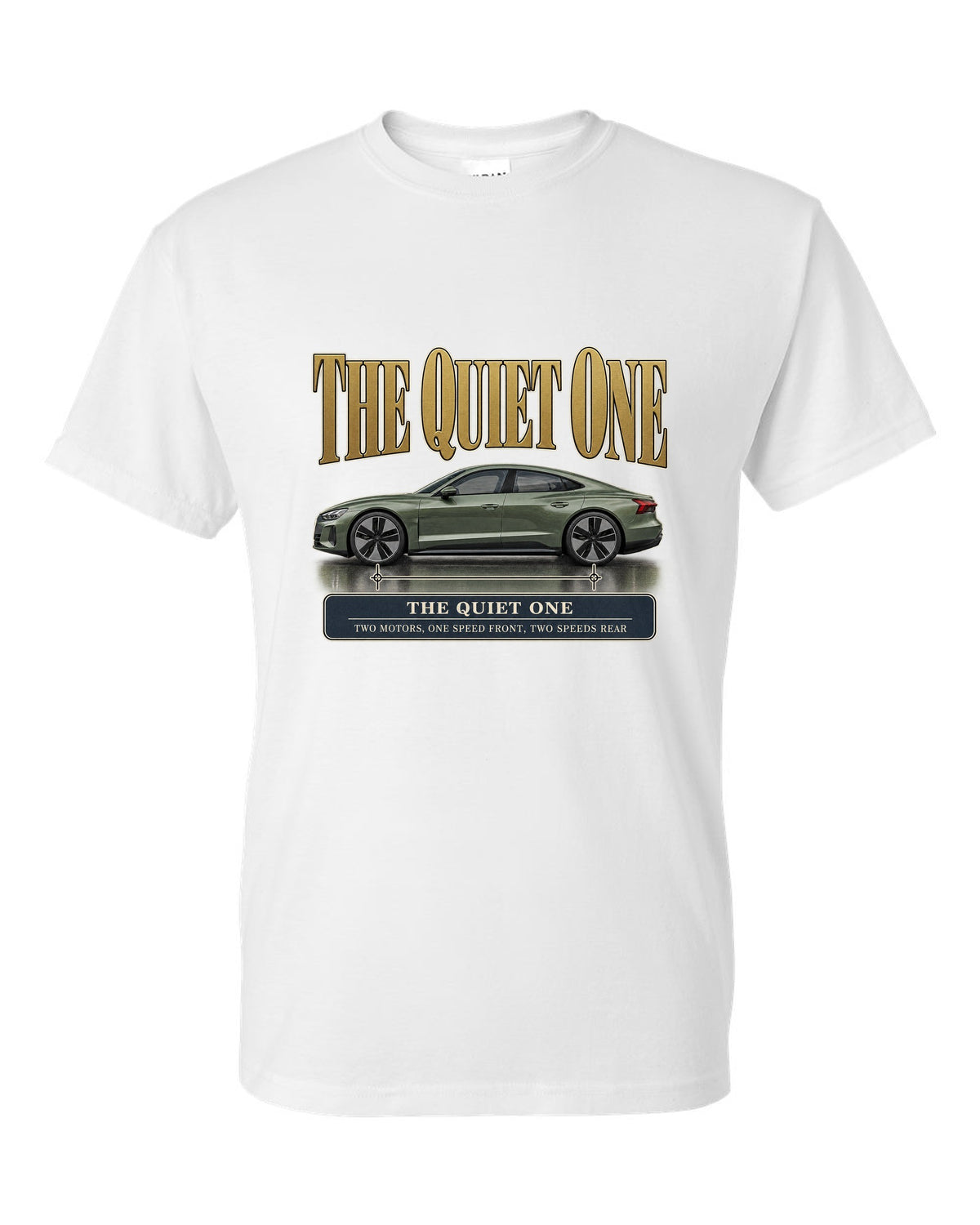 Audi e-tron GT quattro profile editorial headline print design white t-shirt front view with the design