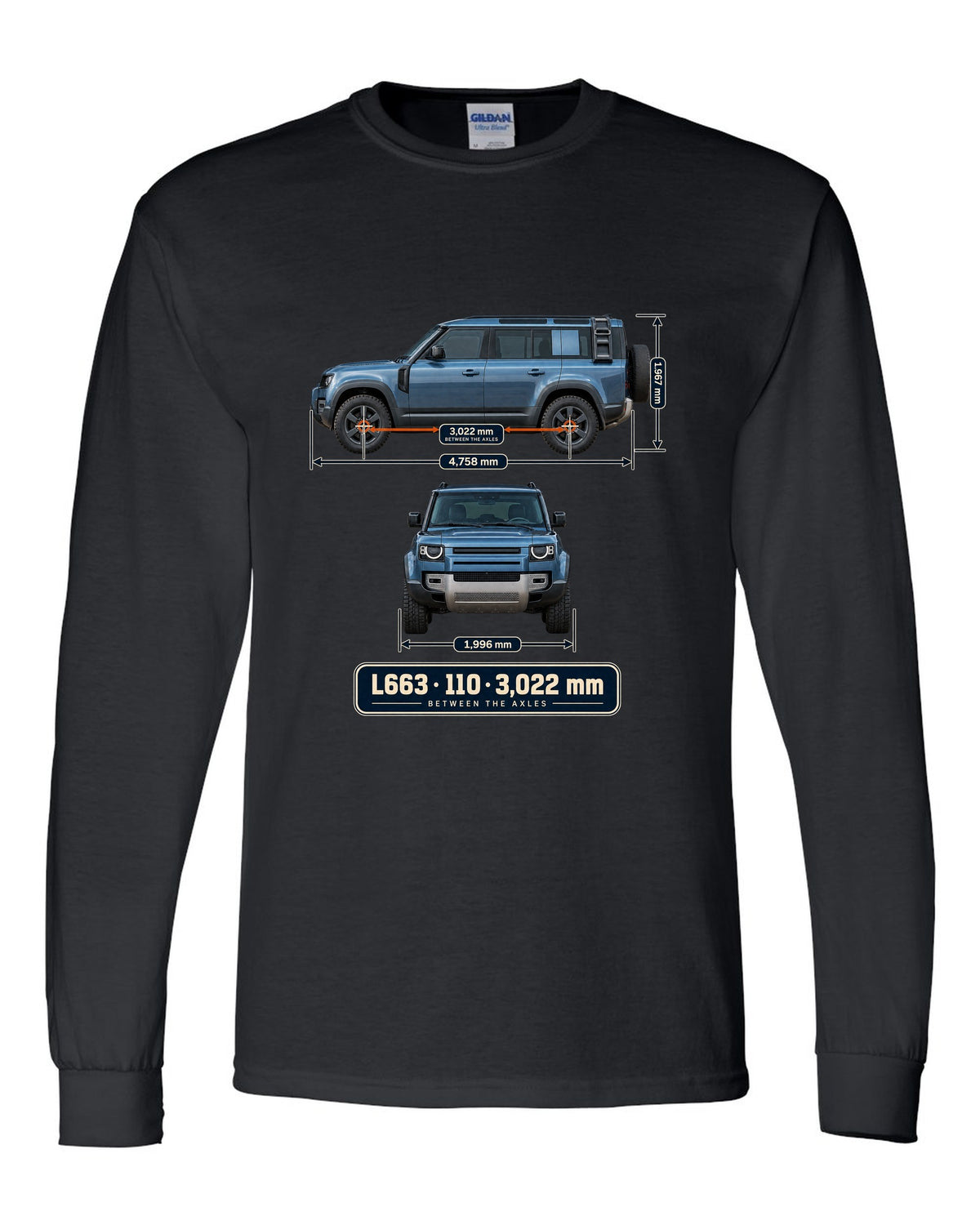 Dimension blueprint print of the Land Rover Defender 110 L663 with wheelbase black long sleeve front view with the design