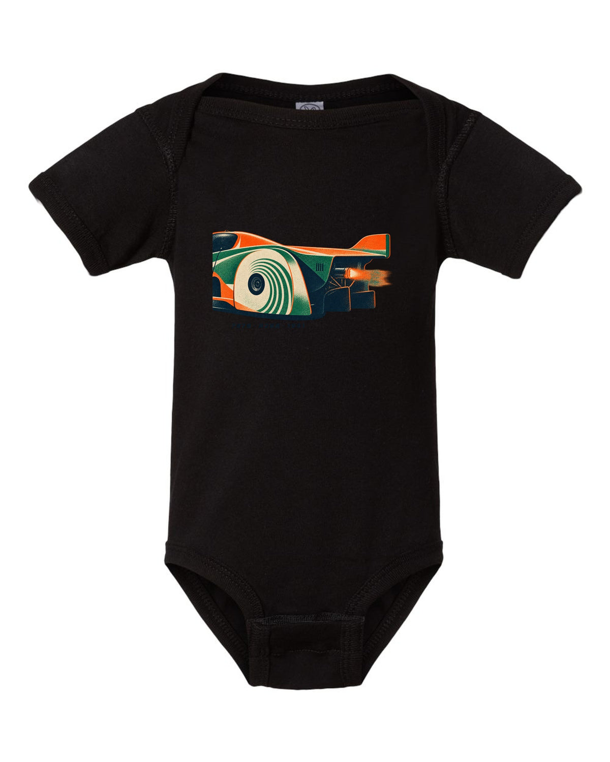 Risograph print of a Mazda 787B wheel and exhaust with R26B and 1991 text black baby onesie front view with the design