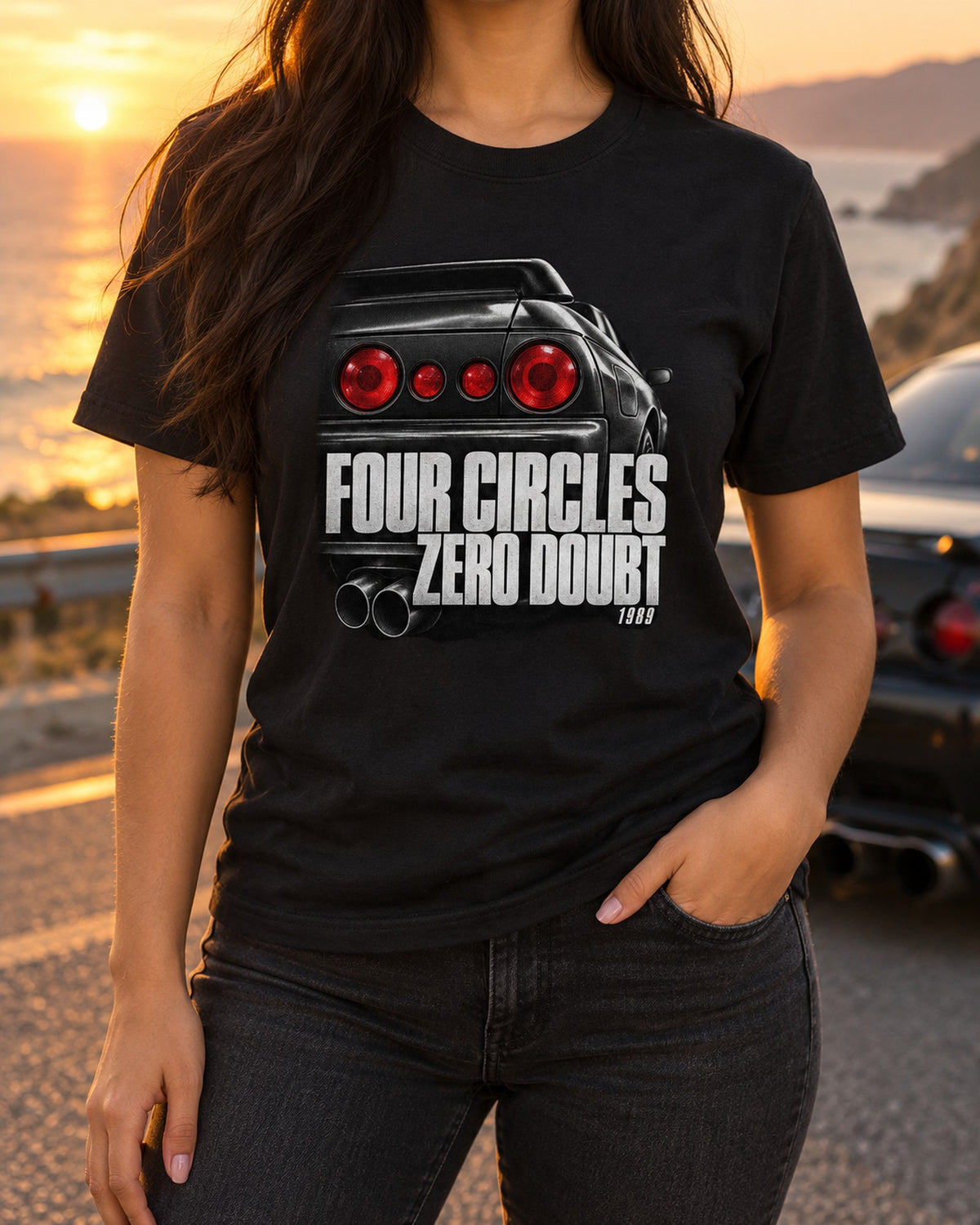Skyline GT-R R32 Taillight Macro Tee, Four Circles T-Shirt Black worn hero